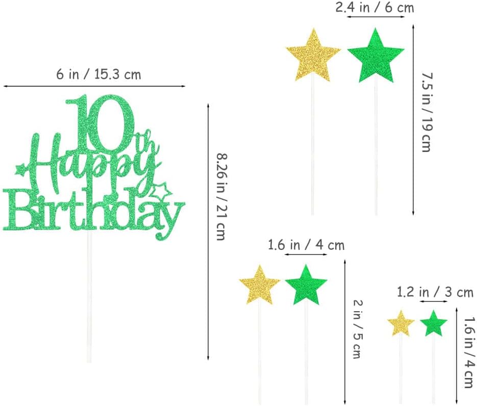 Glittery 10th Happy Birthday Cake Topper with Star,Personalised 10 Birthday Cake Toppers Party Decorations Party Supplies for Boys Girls Green Gold
