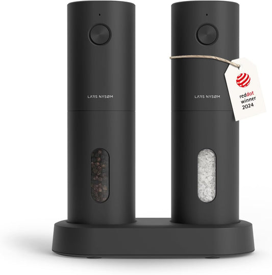 LARS NYSØM Electric Salt and Pepper Grinder Set, USB Rechargeable, Automatic Salt and Pepper Mills, Spice Shakers Refillable with LED Light, Adjustable Coarseness, Ceramic Grinder (Carbon Black)