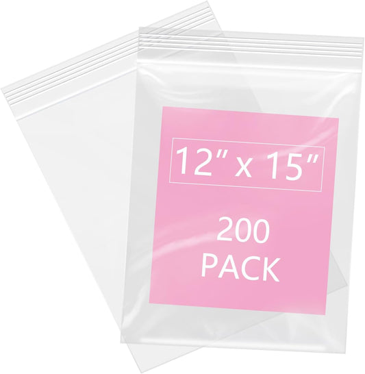 iMailer - 200 Pcs- 12" x 15" Large Plastic Zip Poly Bags- Clear Zip Storage Bag for Clothing, T-Shirts, Pants