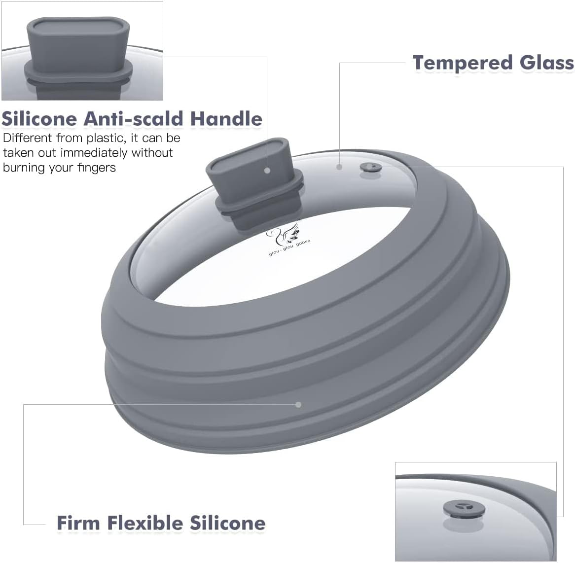 Microwave Splatter Cover Glass Splatter Guard Lid with Collapsible Silicone for Food Pot Plate Cover 11.8 inch Light Grey