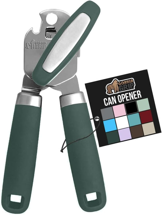 GORILLA GRIP Heavy Duty Stainless Steel Smooth Edge Manual Can Opener and Bottle Openers, Soft Comfortable Handle, Oversized Handheld Turn Knob, US Designed Multifunctional Kitchen Tool, Hunter Green