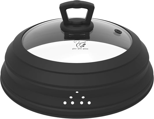 Microwave Splatter Cover Vented Glass Splatter Guard Lid with Collapsible Silicone for Food as Pot Cover Plate 10.8 inch for 6 7 8 9 10 inch Plate Bowl