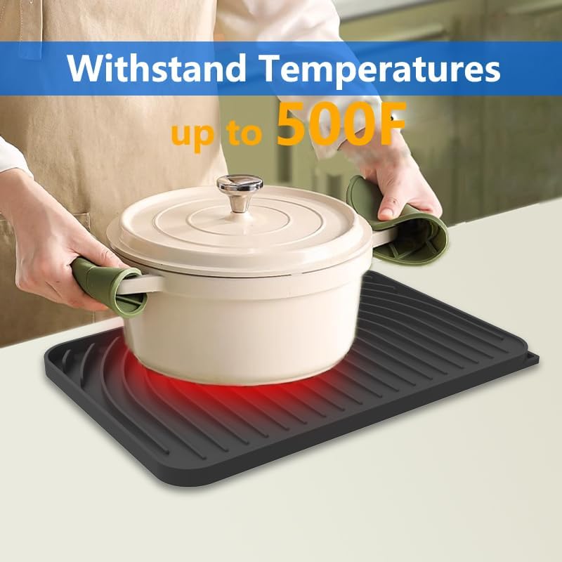 Dish Drying Matt for Kitchen Counter,14.6"×11"Silicone Dry Rack Mat with Built in Drain, Kitchen Dry Mats for Dishes Drying Pad for Counter(Black)