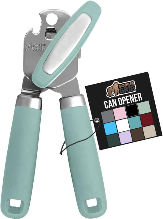 GORILLA GRIP Heavy Duty Stainless Steel Smooth Edge Manual Can Opener and Bottle Openers, Soft Comfortable Handle, Oversized Handheld Turn Knob, US Designed Multifunctional Kitchen Tool, Mint