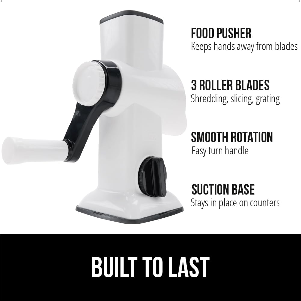 GORILLA GRIP BPA-Free Rotary Cheese Grater Hand Crank, Easy to Set Up, Strong Suction Base for Kitchen Countertop, Shred Potato, Vegetable, Nuts in Seconds, Round Mandoline Slicer, 3 Blades, White