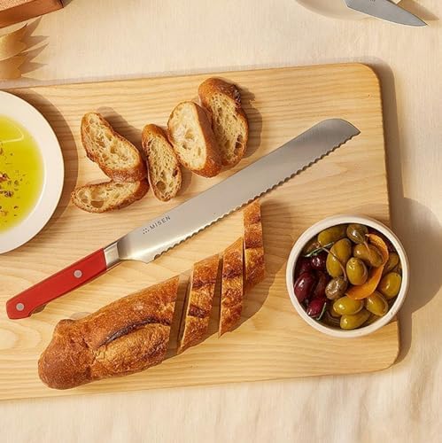 Misen Serrated Bread Knife – High-Carbon Japanese AUS8 Steel – Effortless Slicing of Bread, Pastries, and Fruits – Razor-Sharp Edge and Durable Blade with Ergonomic Handle - 10", Red