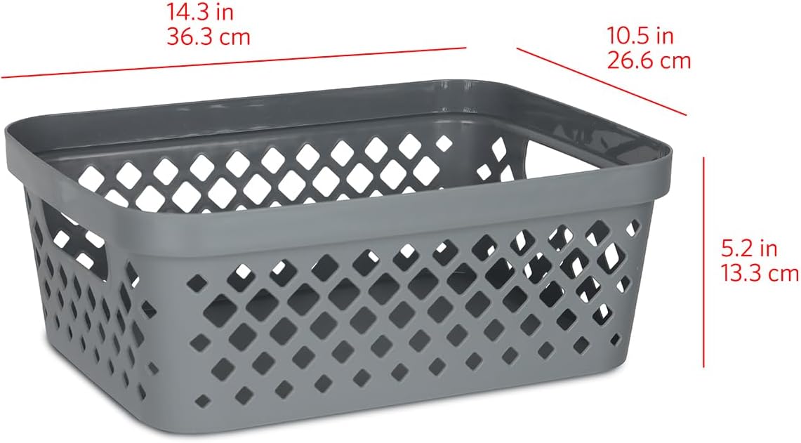 Glad Plastic Storage Basket Set, Value Pack of 6 | Open Storage Bins for Shelves, Bathroom, Pantry, Closet | Nesting Organizer Boxes with Handles, 2 Gallon, Grey