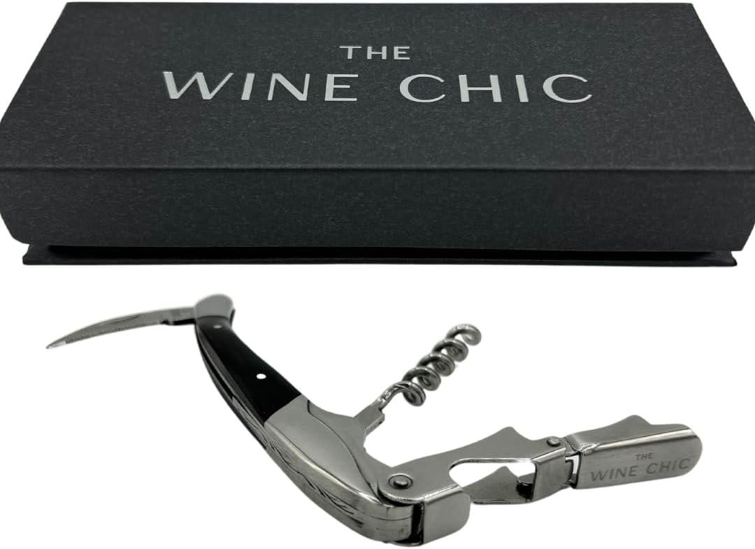 The Wine Chic Premium Professional Corkscrew Wine Opener with Elegant Wood Handle, Manual Wine Key with Foil Knife and Cap Bottle Opener for Bartenders, Waiters and Sommeliers (Black)