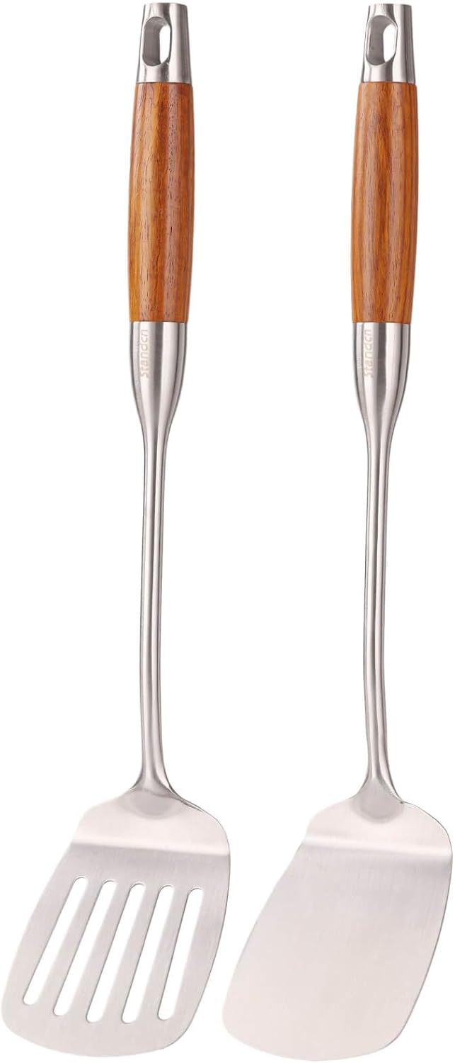 18/10 Stainless Steel Spatulas Set - 15” Long Spatulas for Kitchen, Metal Cooking Utensils - 1 Slotted Spatula + 1 Solid Turner (style B - roosewood handle)