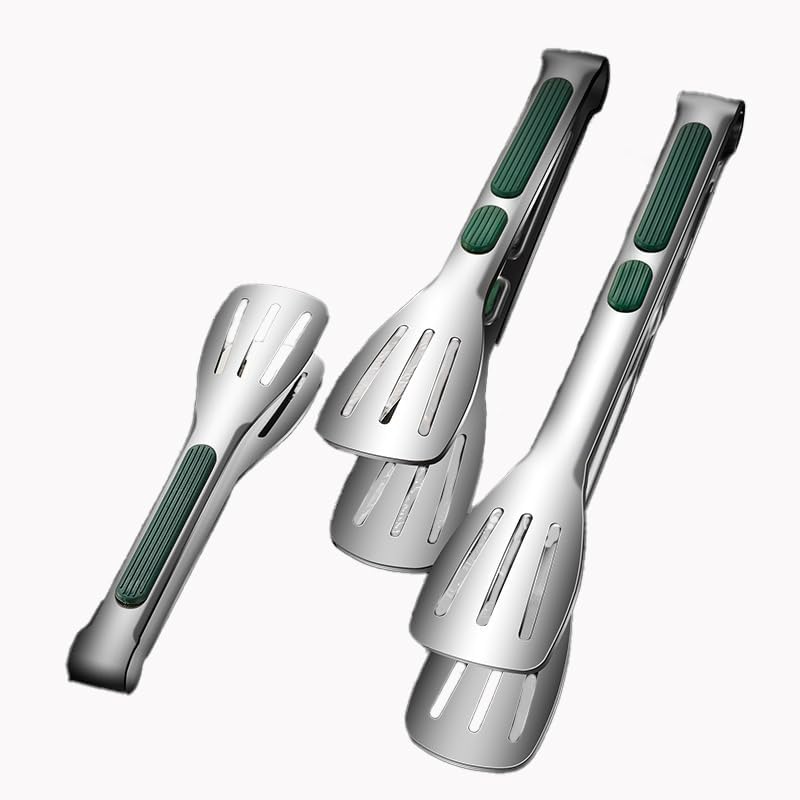 Stainless Steel Kitchen Tong Set - Anti-Slip Heat-Resistant Grip, Widened 3-Line Slotted Heads for Easy Clamping (Steaks, BBQ, Pasta, Salads), Easy Clean 3-Piece Set (6/9/11 Inches) for Versatile Use