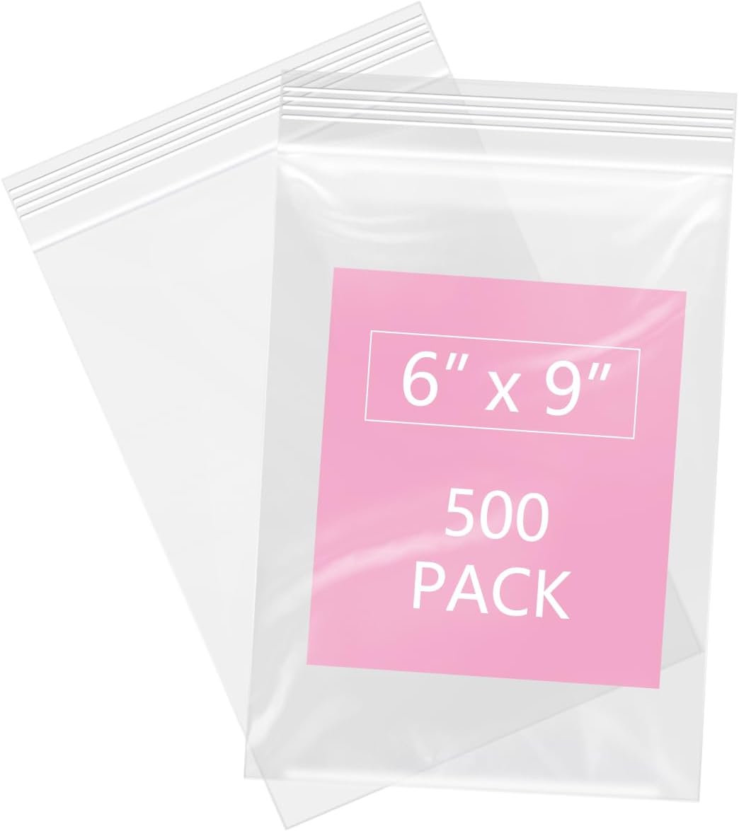 iMailer - 500 Pcs- 6" x 9" Plastic Poly Bags- Clear Resealable Zip Bag with Lock Seal Zipper for A7 A8 A9 Cards & Envelopes, Bakery, Cookies