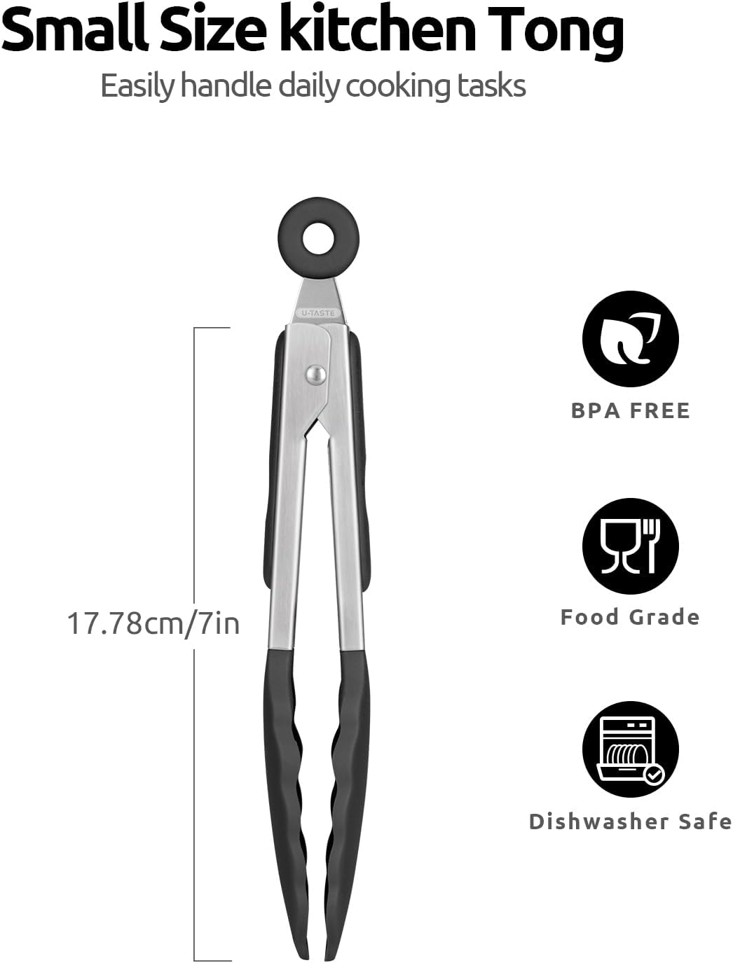 480ºF Heat Resistant Kitchen Tong: U-Taste 7 inch Silicone Cooking Tong with Firm Sealed Non Stick Rubber Tips & Silicon Coated 18/8 Stainless Steel Handle & Smooth Locking for Serving Salad (Black)