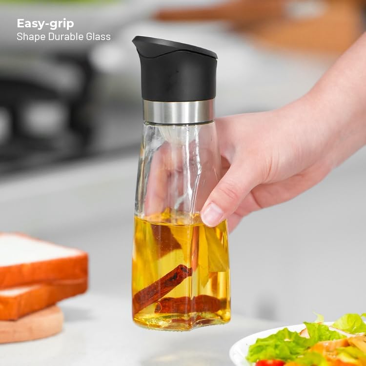 Premium Glass Olive Oil and Vinegar Dispenser Bottles Set, 2-Piece Kitchen Cooking Cruet with Auto-Open Lid, Non-Drip Pouring Spout, Oil Infuser Filter, Dishwasher Safe (Black 11oz)