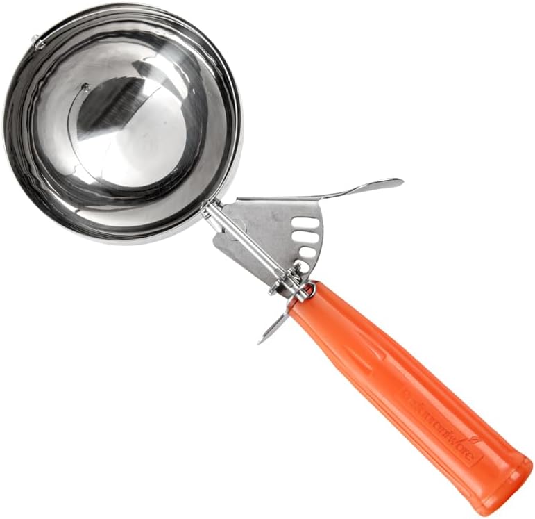 Restaurantware Met Lux 8 Ounce Portion Scoop 1 Durable Disher Scoop - Thumb Trigger Orange Stainless Steel Ice cream Disher For Portion Control For Ice Cream Mashed Potato And Cookie Batter