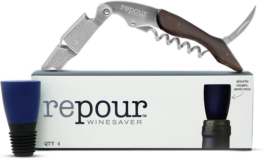 Wine Essentials Combo Pack - Premium Corkscrew & Saver | Manual Key Removes Corks, Stopper Preserves Easily | Perfect for Lovers and Enthusiasts (Mahogany 4 Pack)