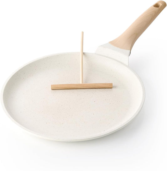 Crepe Pan Nonstick, 10 Inch Healthy Coating Comales para Tortillas Dosa Pan with Spreader, Induction Compatible, PFOA Free (White)