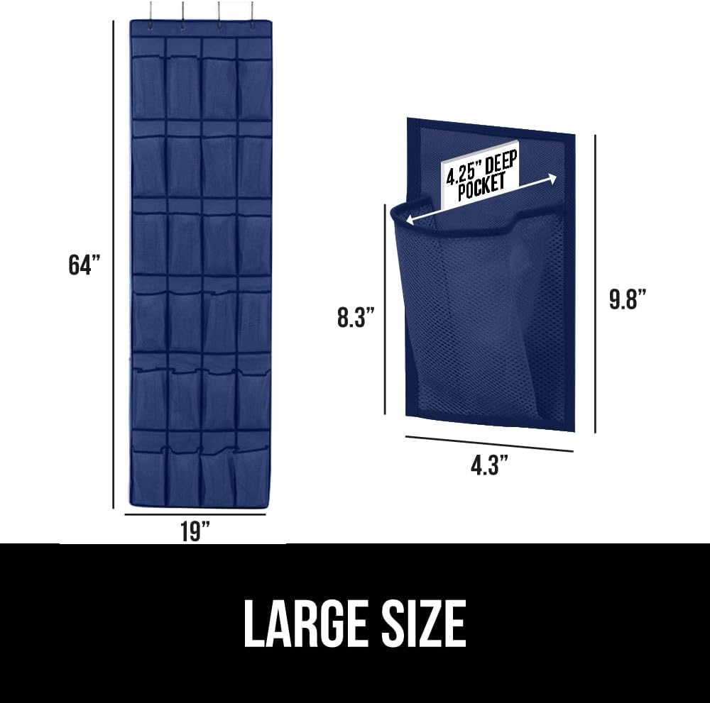 GORILLA GRIP Over the Door Shoe Organizer, 24 Large Breathable Mesh Pockets, Space Saving Hanging Storage Holder, Closet Rack Hanger Holds Up to 40 lbs, Hangs on Closets for Shoes, Accessories, Navy