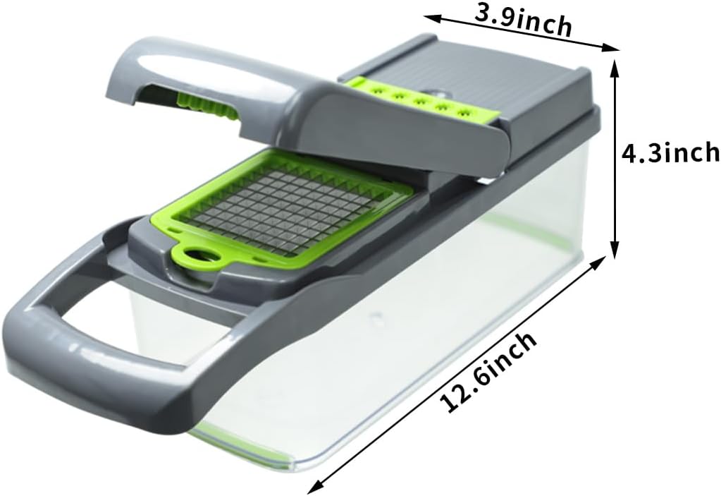 Vegetable Chopper Kit, Stainless Steel Blades, with Veggie Pusher, Grating & Pattern Cutting Blades, Catch Basin & Wash Basket, Safety Lock, Dishwasher Safe Kitchen Gadget
