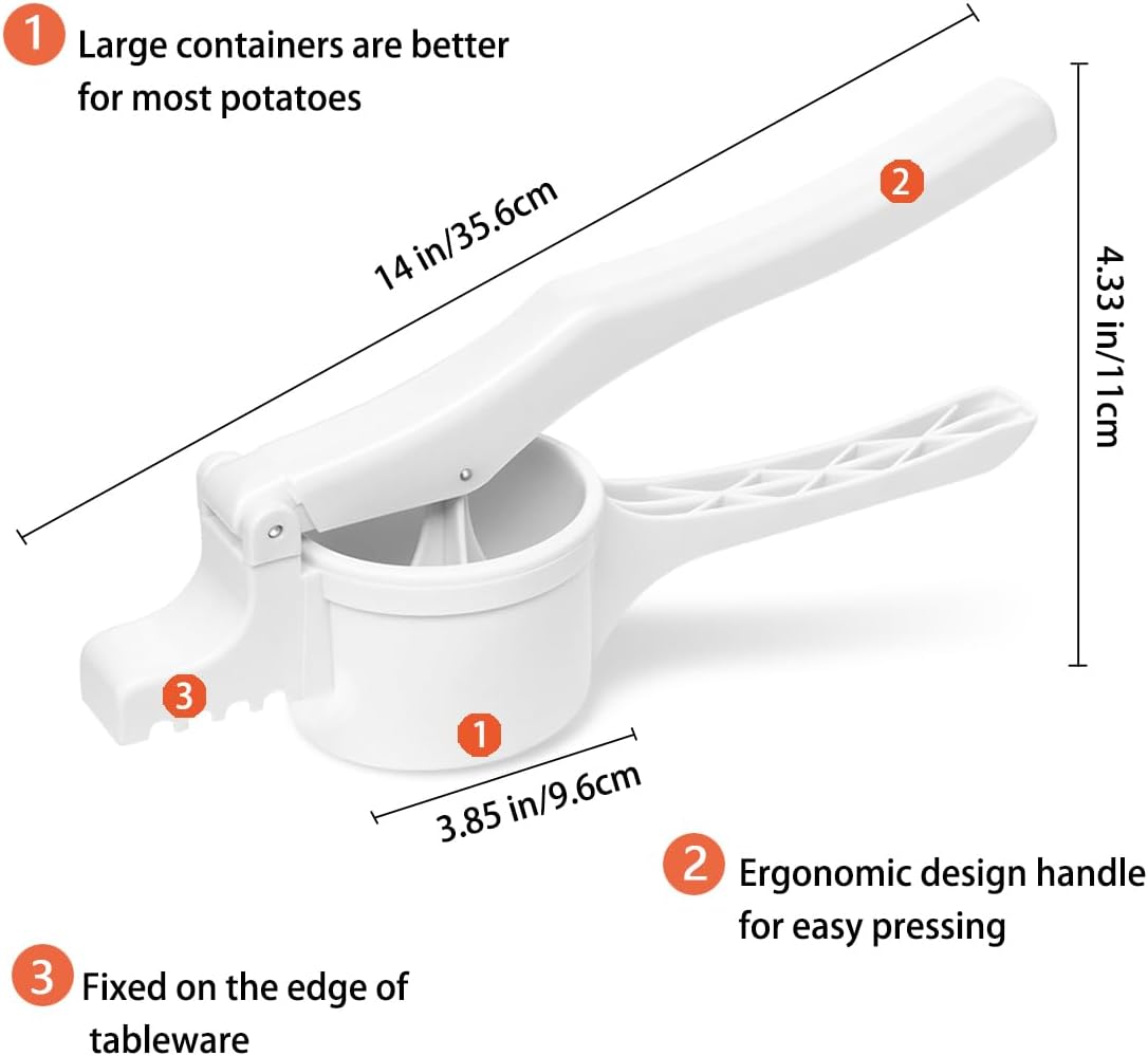 Potato Ricer and Masher with 3 Interchangeable Discs, Stainless Steel Discs, Large Capacity Potato Masher Kitchen Tool Labor-saving Handle Great for Baby Food and juices