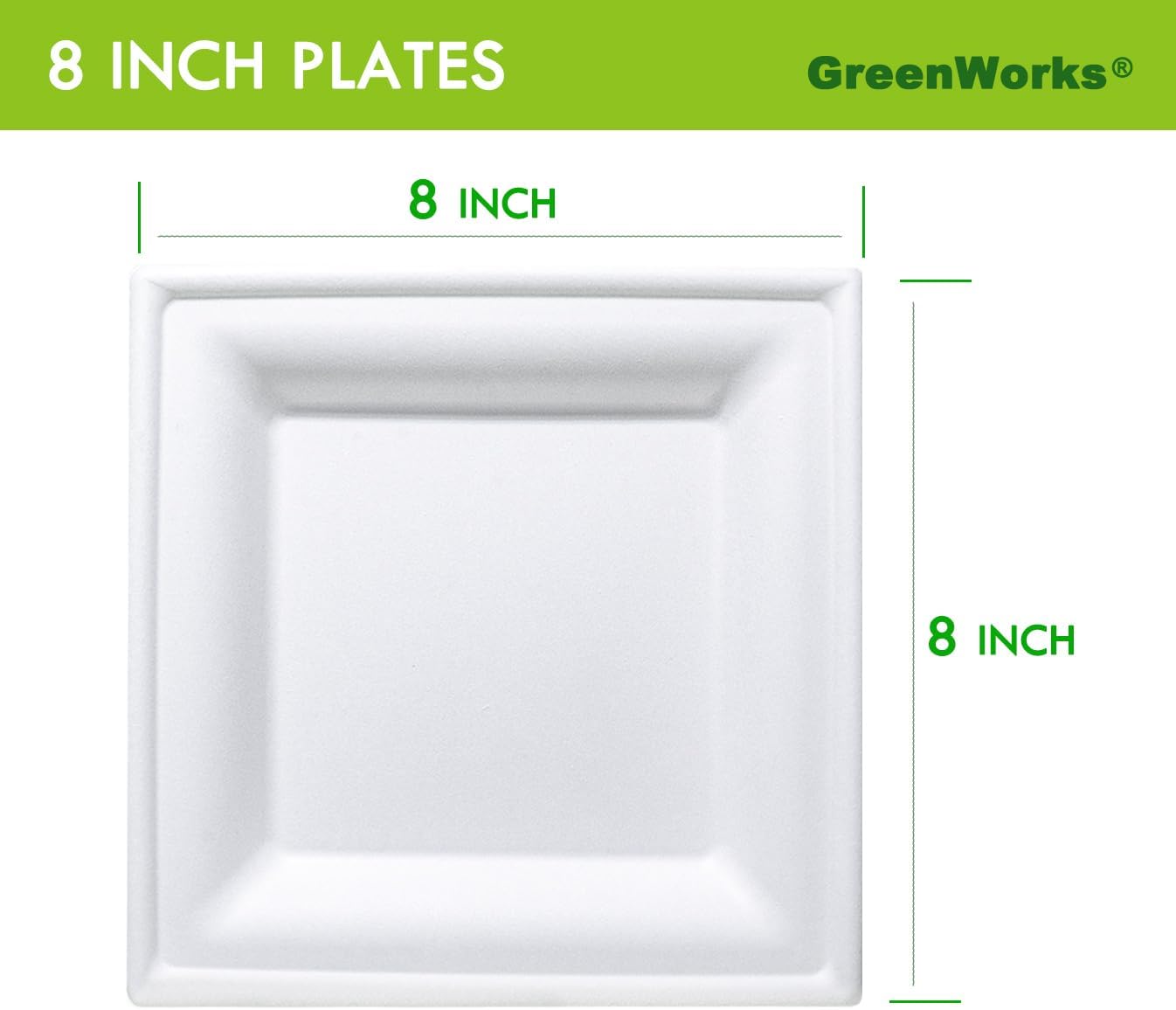 GreenWorks 100 Count 8 Inch Square Compostable Plates, Heavy Duty Bagasse and Bamboo Fiber Disposable Paper Plates
