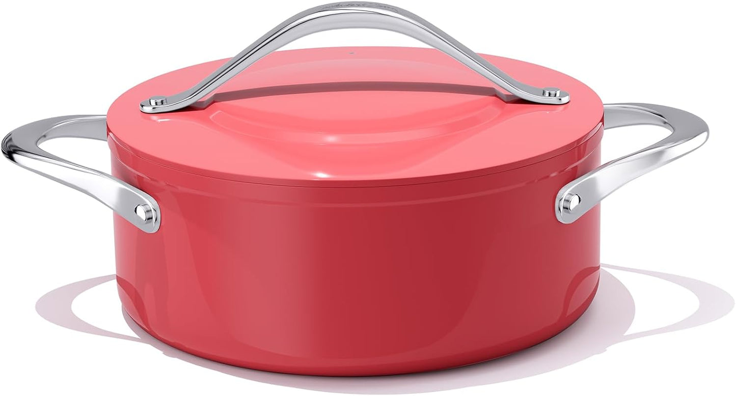 Stock Pot 4.5qt Dutch Oven with Lid (9.5") Nonstick Ceramic Coated Non-Toxic PFAS-Free Even Heat Distribution for Braising, Baking Bread & Soups, Compatible for All Cooktops(Induction/Gas/Electric) Oven Safe to 500°F (Fusion Red)