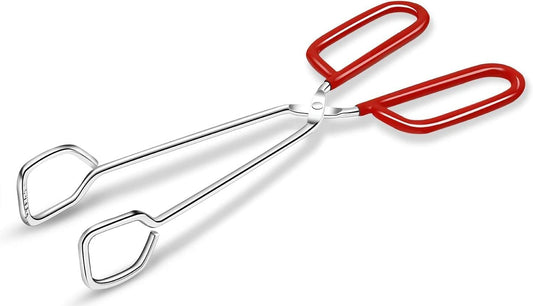 10-Inch Heavy Duty Stainless Steel Kitchen Tongs - Non-Slip Comfortable Red Grip, Scissor Design, Heat Resistant for BBQ and Cooking