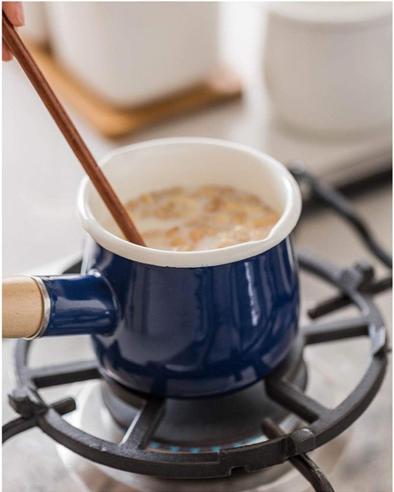 Enamel Milk Pot, Small Enamel Saucepan Milk Pot Butter Warmer 4 Inch 17 Oz Enamel Small Sauce Pan with Wooden Handle, Perfect Size for Heating Smaller Liquid Portions. (Blue）