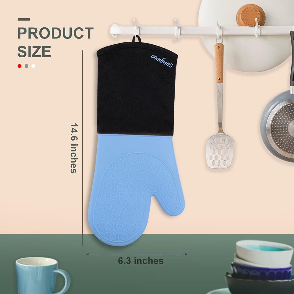 sungwoo Extra Long Silicone Oven Mitts, Heat Resistant Oven Gloves with Quilted Liner Non-Slip Textured Grip Perfect for BBQ, Baking, Cooking and Grilling - 1 Pair 14.6 Inch Sky Blue & Black