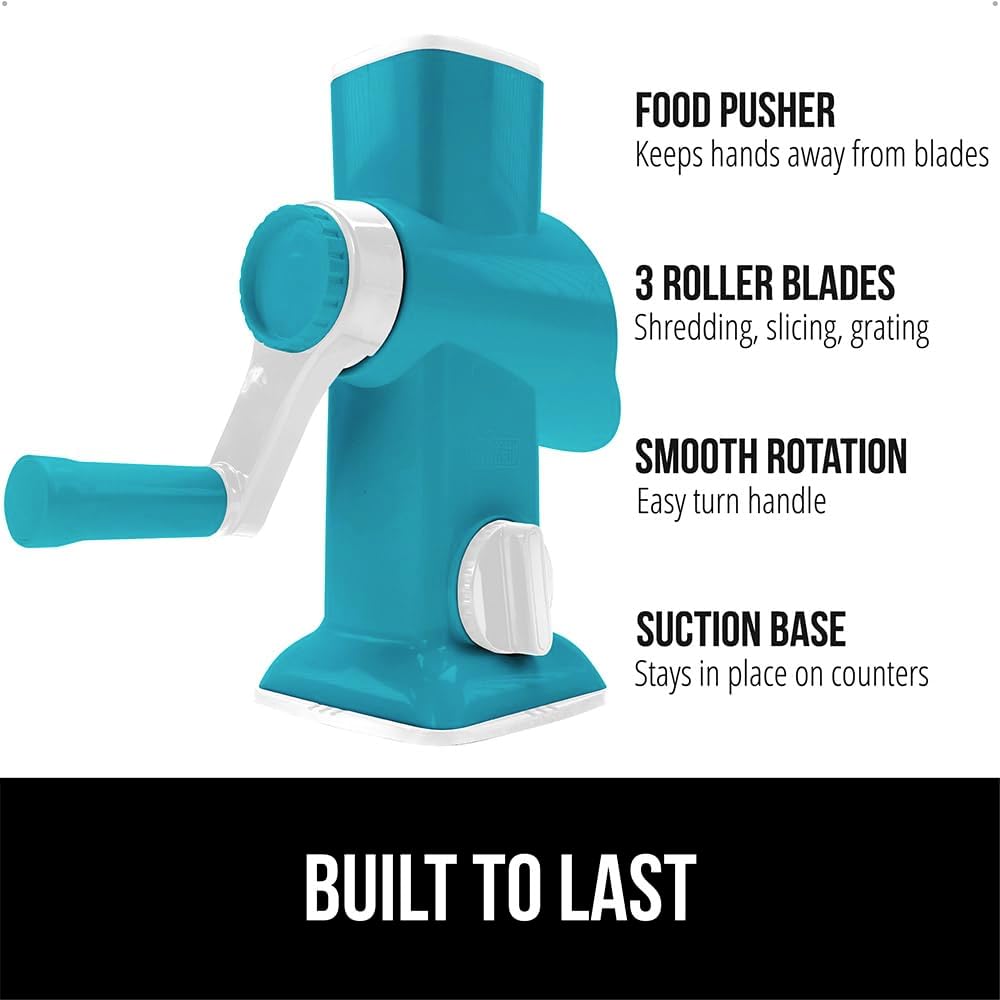 GORILLA GRIP BPA-Free Rotary Cheese Grater Hand Crank, Easy to Set Up, Strong Suction Base for Kitchen Countertop, Shred Potato, Vegetable, Nuts in Seconds, Round Mandoline Slicer, 3 Blades, Turquoise