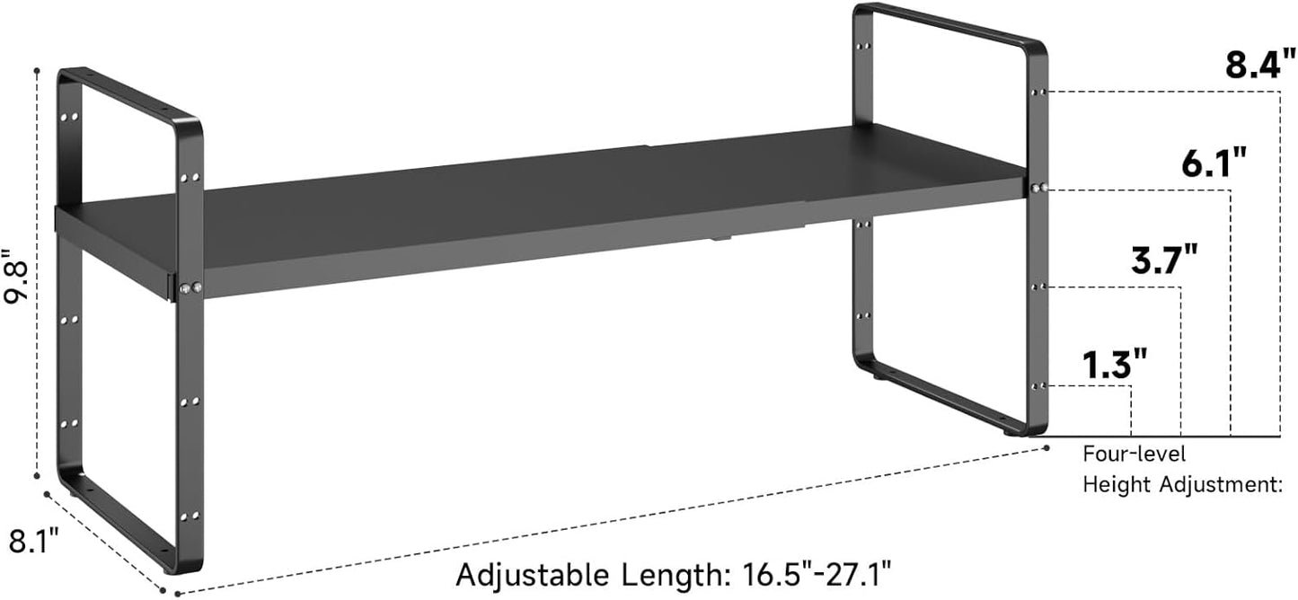 16.5~27.1" Expandable Shelf Organizer, 1Pack 8.1" Wide Stackable Cabinet Shelf Organizers, Black Metal Sturdy Kitchen Counter Storage for Countertop, Adjustable Height Spice Rack