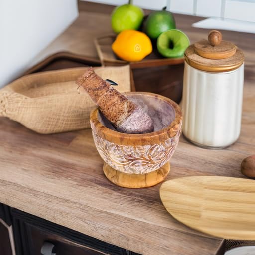 Mortar and Pestle, Made of Heavy Duty Polished Hard Stone, Natural Stone Grinder for Spices, Pastes, Herbs, Seasoning etc. (Mix Color with Engraving)