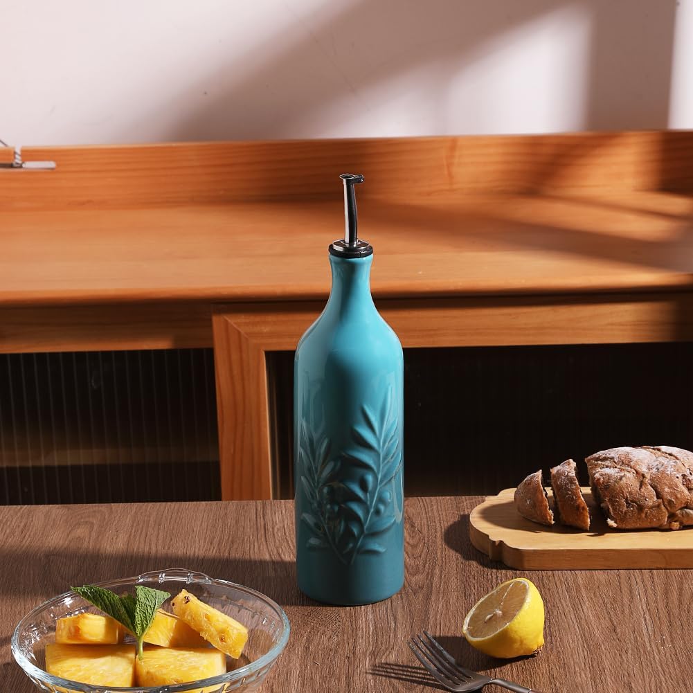 Sweejar Large Ceramic Olive Oil Dispenser Bottle, 24 Oz Relief Opaque Oil Cruet Protects Liquids, Set of 1 (Gradient Blue)