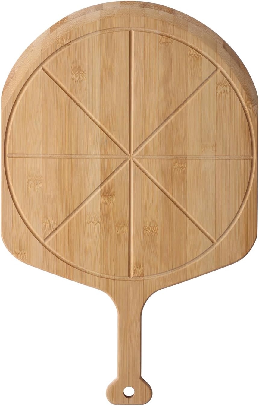 12.6” Bamboo Pizza Peel - Lightweight Smooth Wooden Pizza Paddle and Pizza Cutting Board with 8 Slice Grooves, Outdoor Pizza Oven Accessories, 19.7 Inch x 12.6 Inch