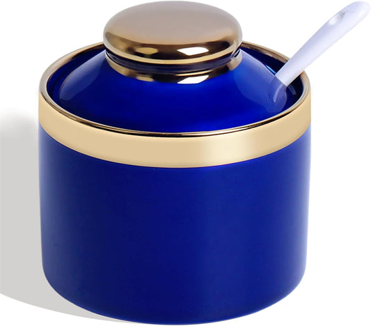 HAOTOP 8 oz Sugar Bowl with Lid and Spoon, Simple Ceramic Sugar Jar Sugar Dispenser Sugar Container Coffee Bar Accessories, Modern Kitchen Countertop Canisters, Navy