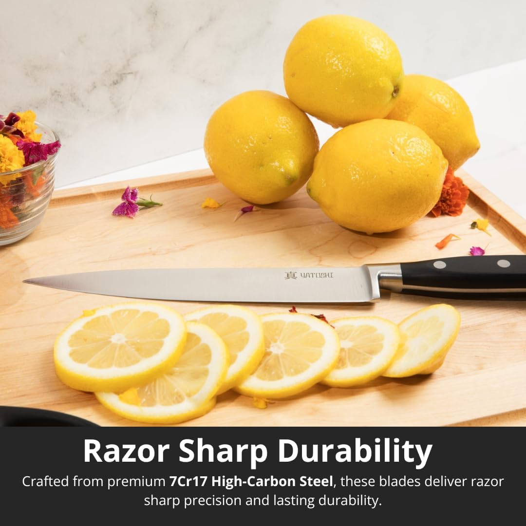 Yatoshi 15 Piece Black Knife Block Set - Pro Kitchen Knife Set Ultra Sharp High Carbon Stainless Steel with Ergonomic Handle