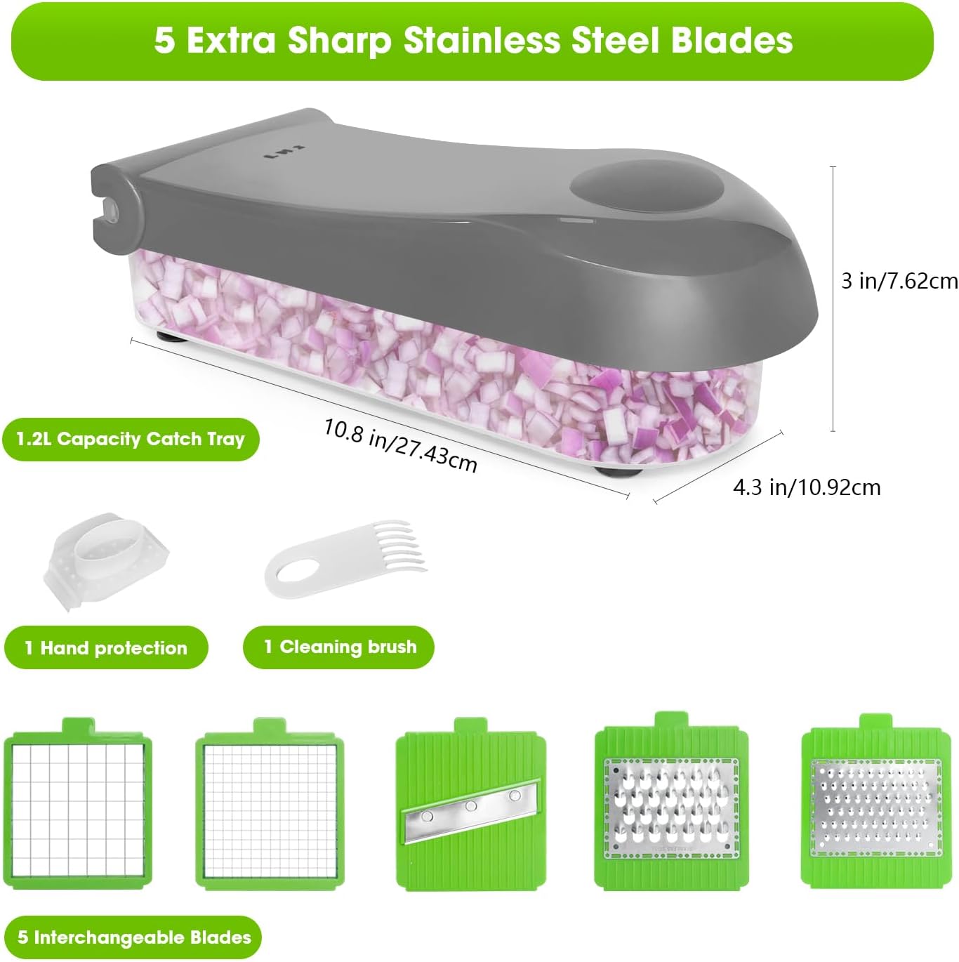 LHS Multifunctional Vegetable Chopper - 7 in 1 Veggie Slicer, Dicer, Cutter for Onions, Potatoes, Salad - Grey Container Included