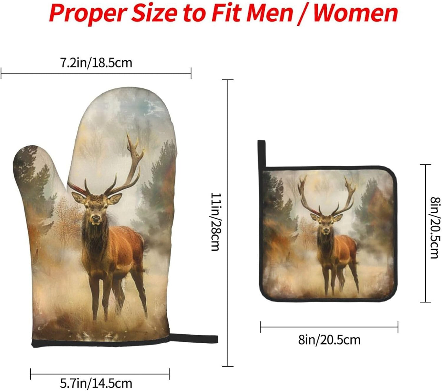 Deer Art Oven Mitts and Pot Holders Sets of 3 Heat Resistant Oven Gloves Hot Pads Non-Slip Kitchen Accessories for Baking Cooking Grilling BBQ