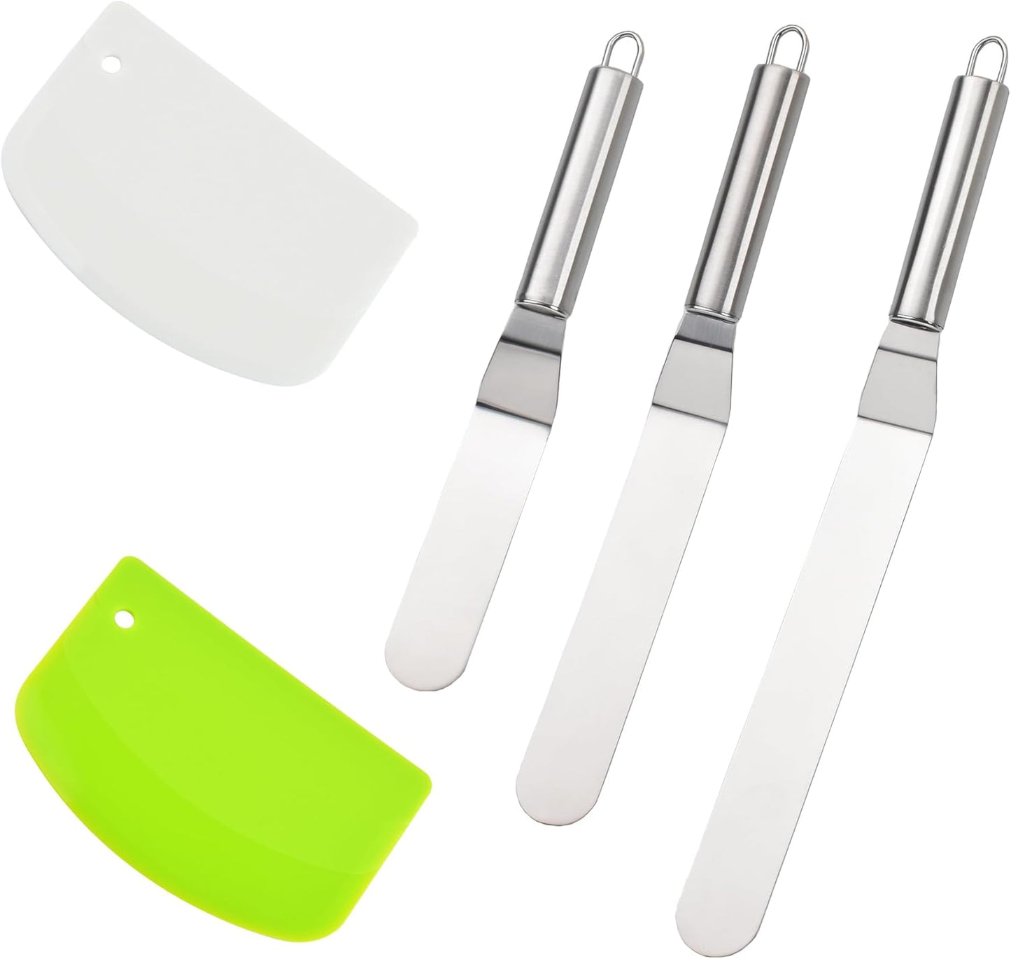 2 Pcs Dough Scraper and 3 Pcs Stainless Steel Cake Icing Spatula for Baking, Flexible Bowl Scraper Dough Cutter Bench Scraper for Cake Dough Bread Pastry Pizza