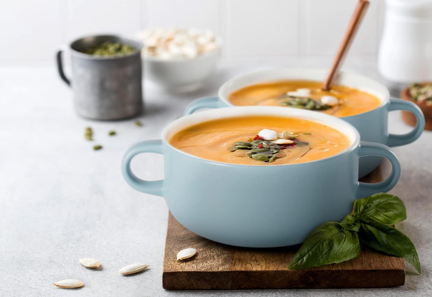 KooK Soup Crocks, Ceramic Bowls, Broil, Oven, Microwave and Dishwasher Safe, with Handles, For Casserole, Pasta, Cereal, 18 oz, Set of 4 (Pale Blue)