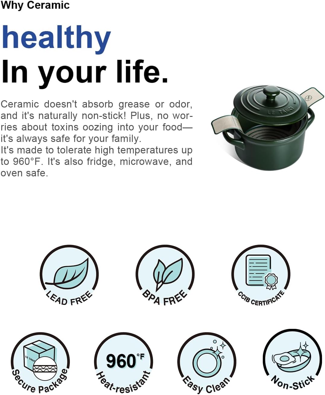 LE TAUCI 3 qt Ceramic Dutch Oven for Bread Baking with Silicone Sling- Lightweight, Non-Toxic, No Seasoning Needed- Oven, Microwave & Dishwasher Safe, Ideal for Home Bakers & Beginners, Forest Green