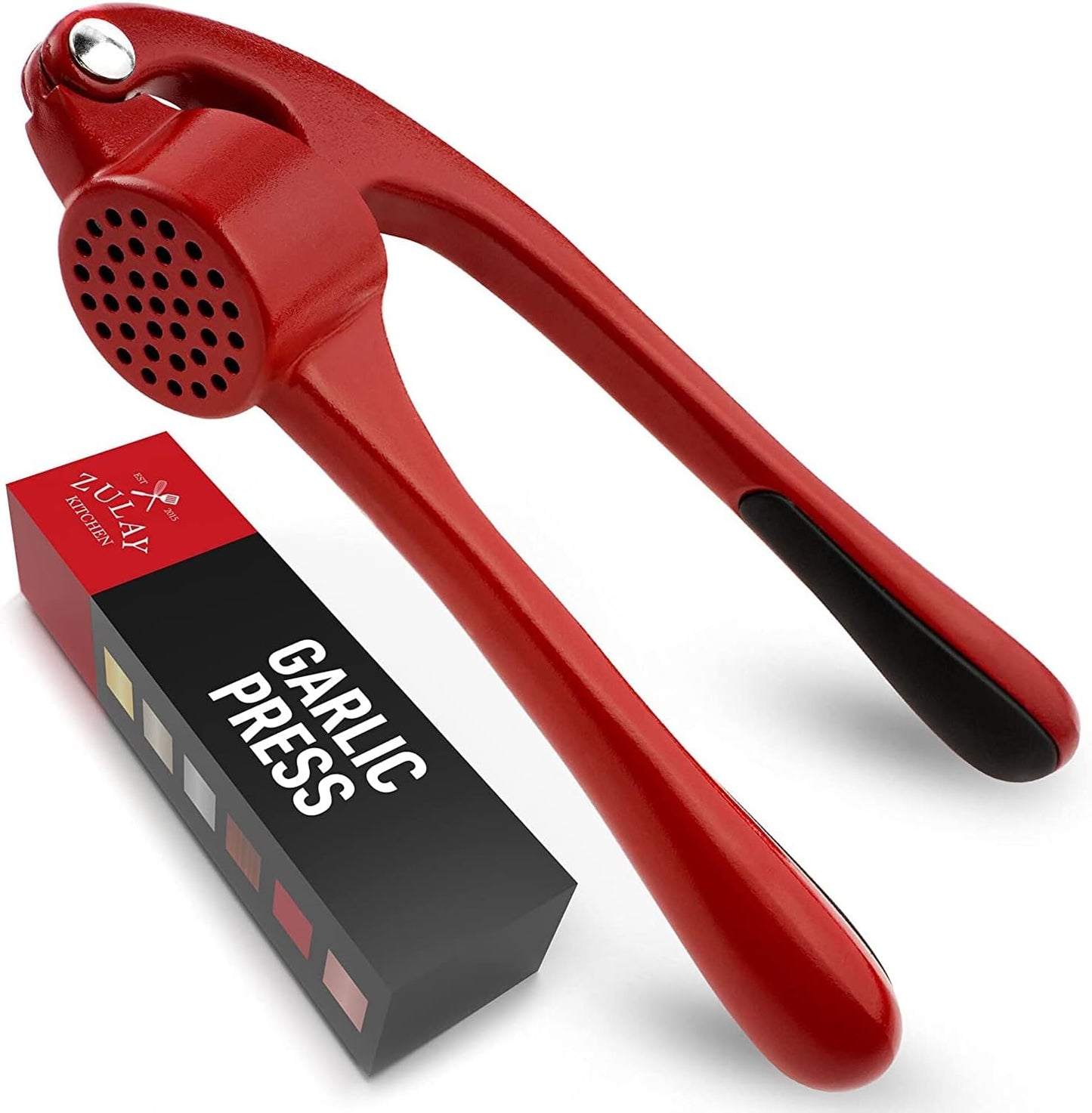 Zulay Kitchen Premium Garlic Press Set - Rust Proof & Dishwasher Safe Professional Garlic Mincer Tool - Easy-Squeeze, Easy-Clean with Soft, Ergonomic Handle - Silicone Garlic Peeler & Brush (Red)