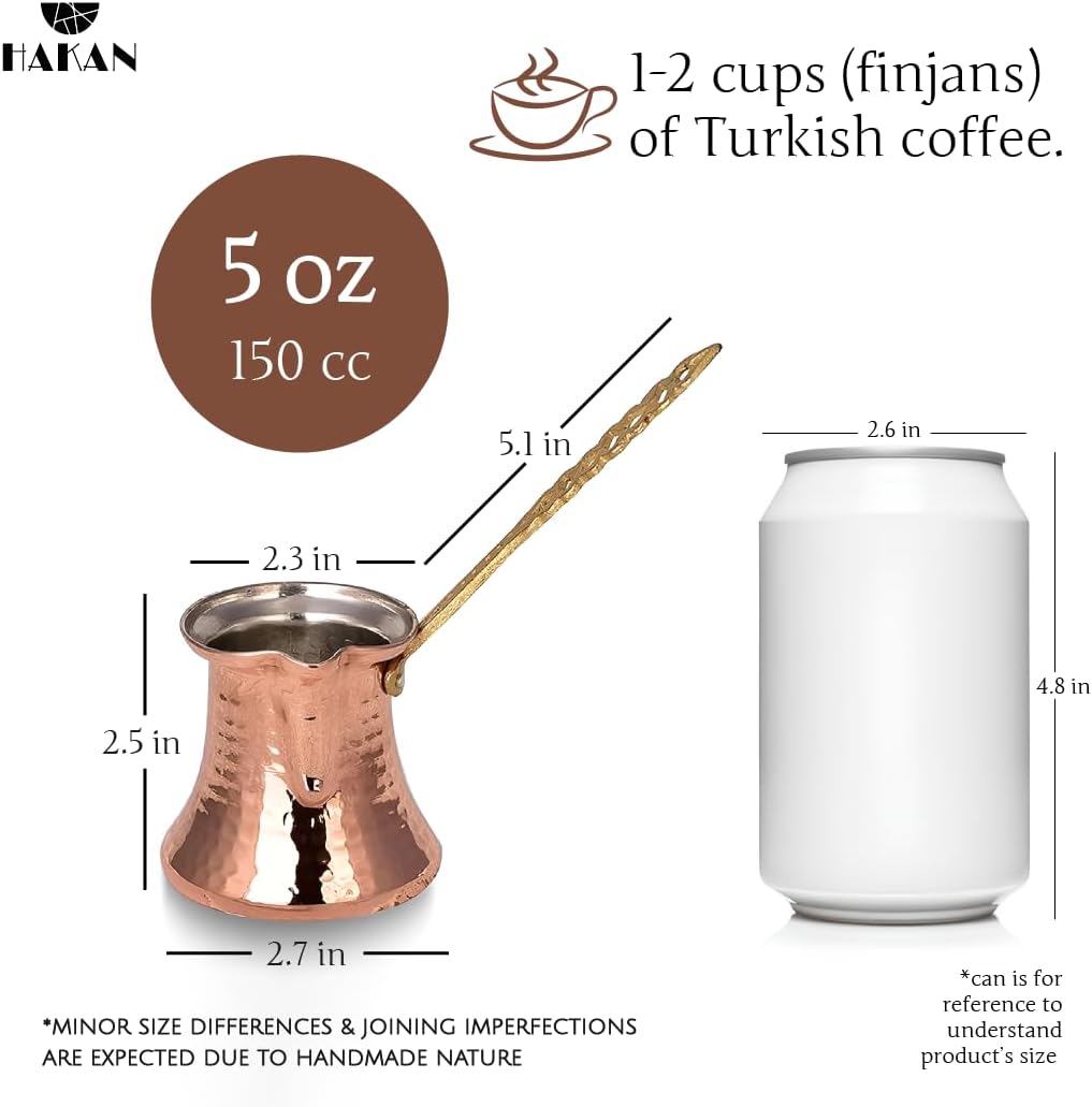 Hakan Turkish Coffee Pot | Stove Top Water Boiler, Coffee Maker, Butter, Chocolate & Milk Warmer | Even and Quick Heat with Handcrafted Copper Material | Coffee Gifts Idea, 5 Oz (150 cc)