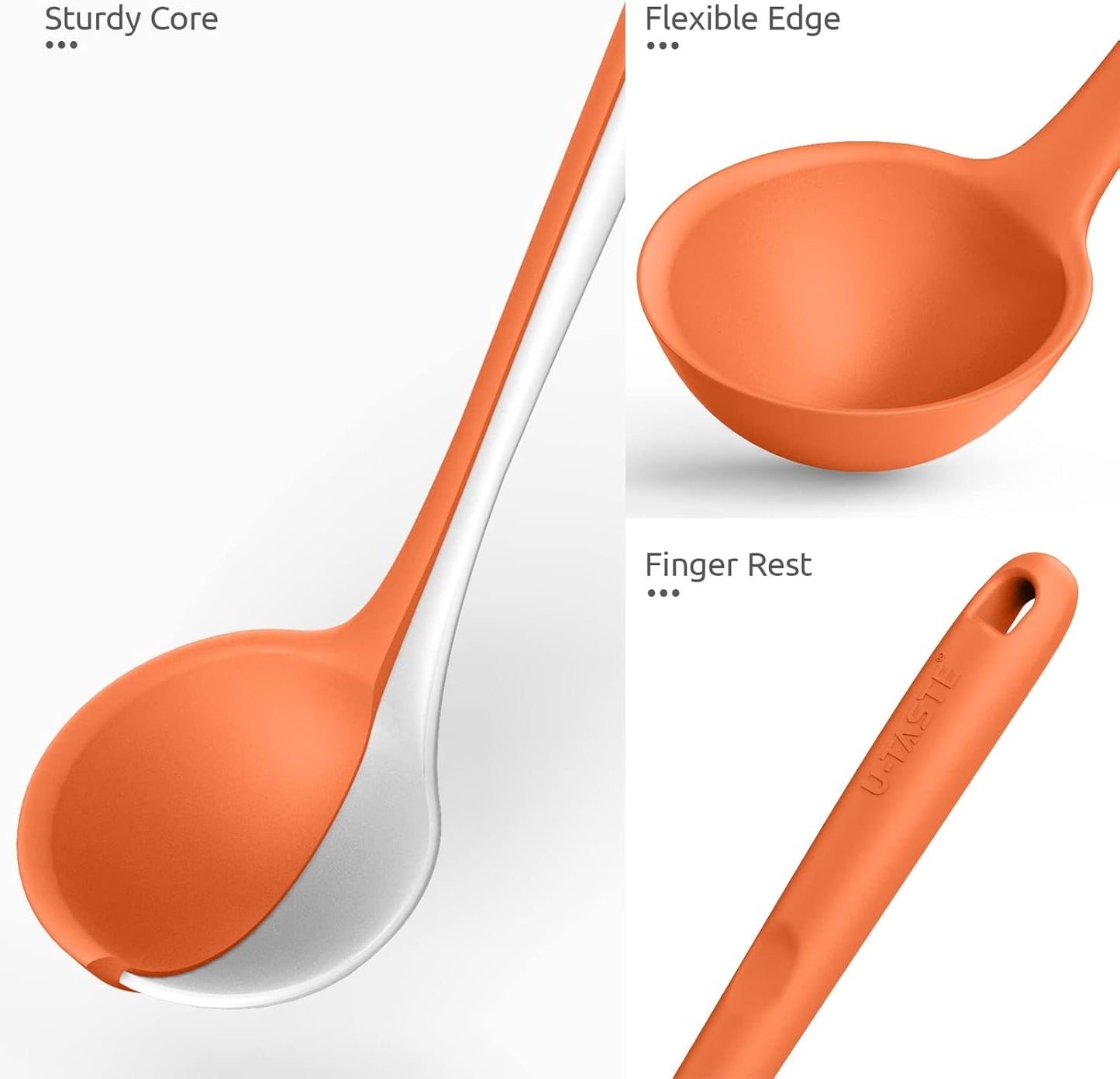 13 inch Silicone Soup Ladle: U-Taste 600ºF Heat Resistant 4 oz Large Non-stick Seamless Rubber Kitchen Deep Serving Spoon with Non-slip Solid Long Handle for Cooking Sauce/Stews/Gravies/Chili(Orange)