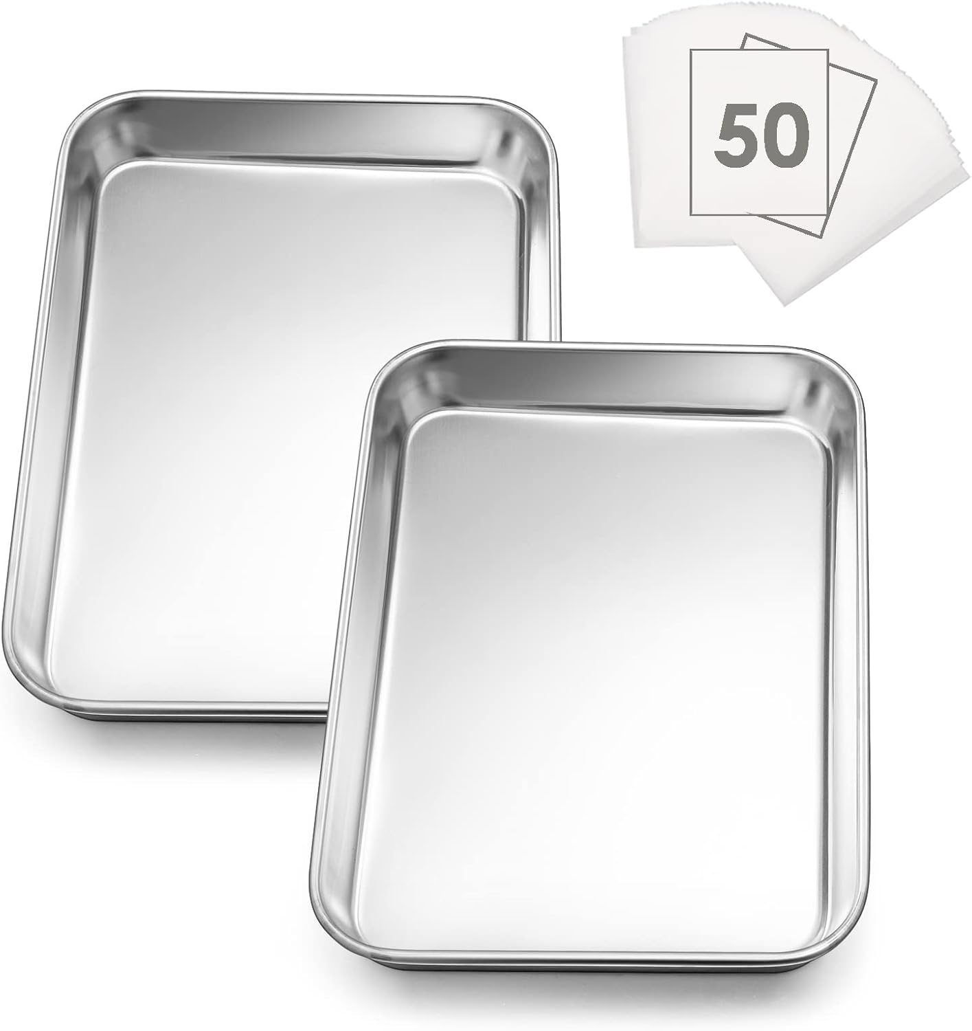 Small Baking Sheet Set of 2, E-far 9.4”x7.3” Toaster Oven Stainless Steel Cookies Sheet Pan with 50 Parchment Paper, Rectangle Mini Baking Tray for Cooking, Rust Free & Heavy Duty, Dishwasher Safe