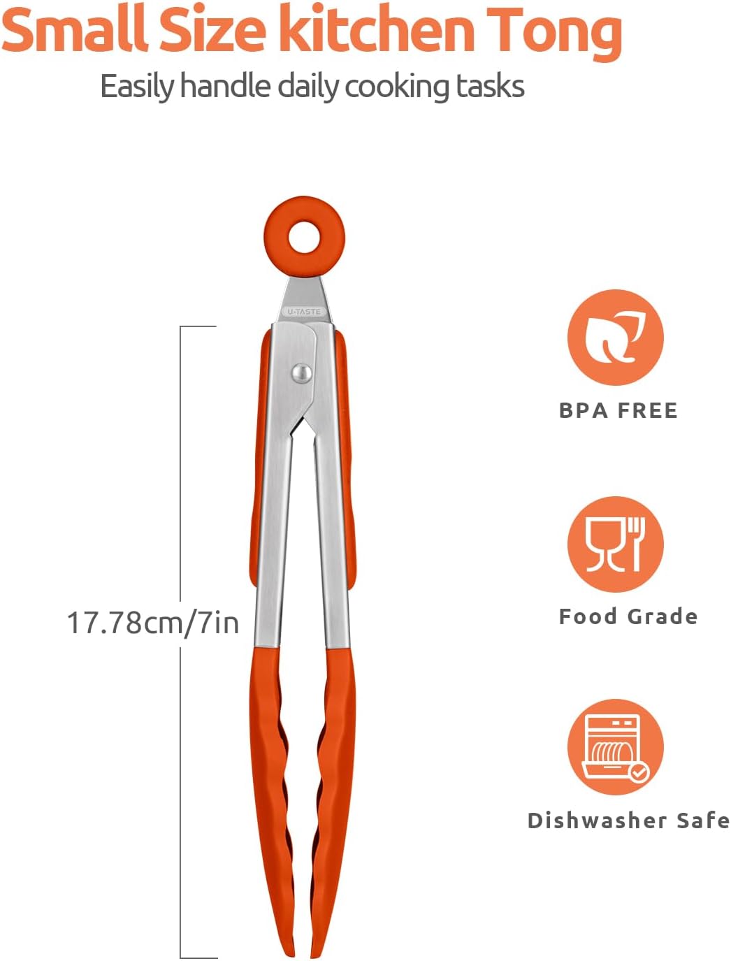 480ºF Heat Resistant Kitchen Tong: U-Taste 7 inch Silicone Cooking Tong with Firm Sealed Non Stick Rubber Tips & Silicon Coated 18/8 Stainless Steel Handle & Smooth Locking for Serving Salad (Orange)