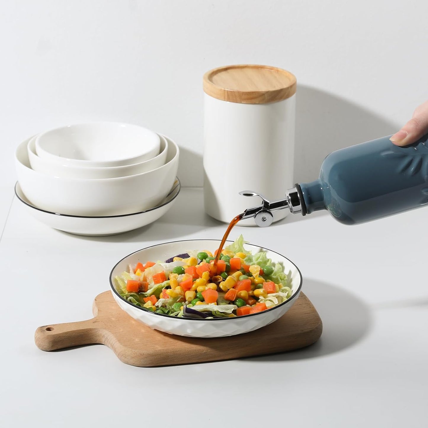 Sweejar 18 Oz Oil Dispenser for Kitchen with Gravity Spout, Ceramic Olive Oil Dispenser Bottle, Relief Opaque Vinegar Container for Evoo, Vinegar, Soy Sauce, Pack of 1(Fogblue, Silver Spout)