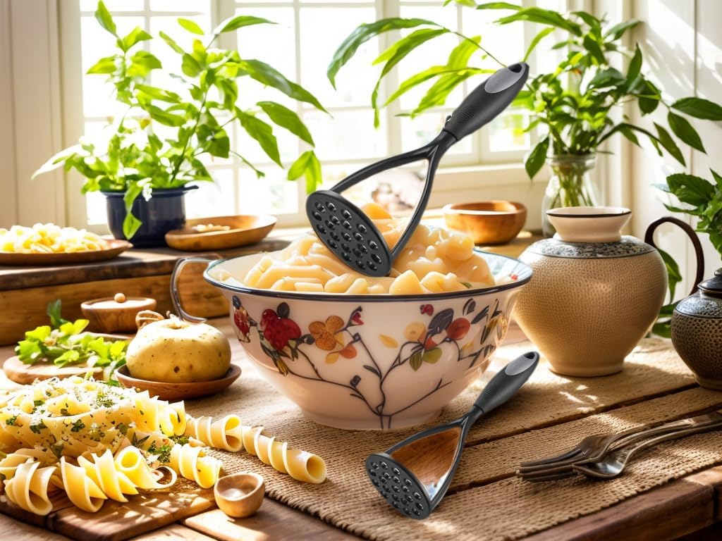 KSENDALO Nylon Potato Masher Set of 2, Thick Nonstick Food Masher Comfortable Rubber Wrapped Handle European Imported Nylon Blade, Black