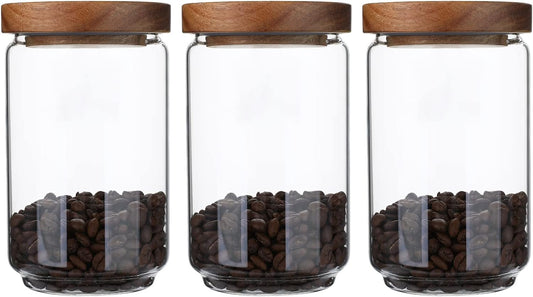 Glass Storage Jars Set of 3, 25 OZ HIgh Borosilicate Glass Containers Kitchen Food Canisters with Acacia Wood Lids for Coffee Beans/Sugar/Tea/Nuts