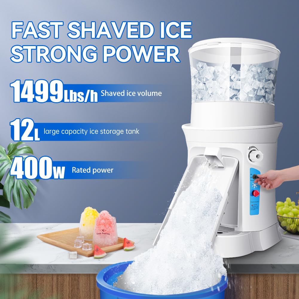 Snow Cone Machine, 400W Electric Ice Shaver Machine, Thickness Adjustable Snow Cone Maker Machine 1499LBs/hr Ice Crusher for Bar Parties Events Snack, Home and Commerical Use(13.8Qt)