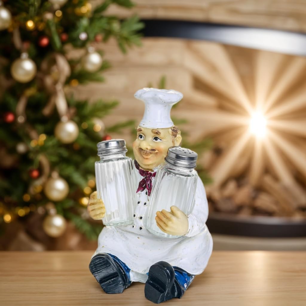 Rustic Spice Dispenser Shaker Holder with Glass Spice Jars - Salt And Pepper Dispenser with Resin Chef Figurine And Statues Holder - Farmhouse Kitchen DéCor